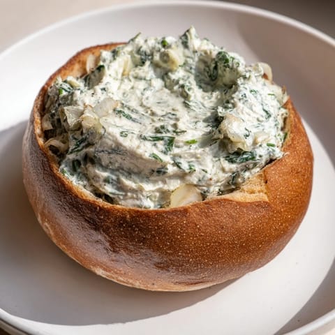 Close-up of the best spinach dip ever in a bread bowl, surrounded by fresh vegetable dippers.