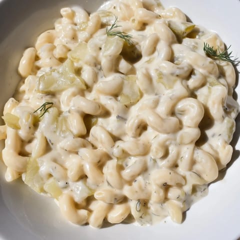 Hot, cheesy Pickle Mac and Cheese fresh from the oven, with a crunchy panko topping.