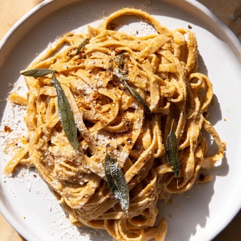 This comforting Healthy Creamy Pumpkin Sage Holiday Pasta dish features a creamy, light pumpkin sauce, and fresh sage.