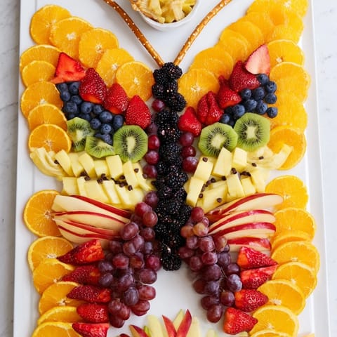 Vivid Monarch Magic Fruit Butterfly Tray shows fresh, healthy fruits creatively arranged for a snack.