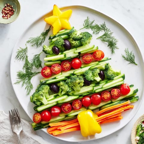 Festive Tree Cucumber Tomato Platter with vibrant tomatoes and cucumbers arranged like a Christmas tree.