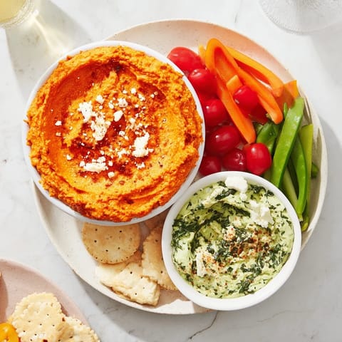 Bright Festive Dip duo: Creamy red pepper and vibrant green goddess dips alongside fresh vegetables, perfect for any holiday party.