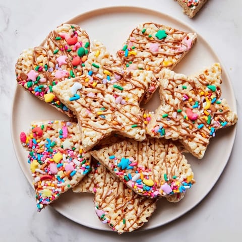 Warm, golden Cookie Cutter Shaped Rice Krispies Treats, ready to be decorated with various colorful sprinkles.