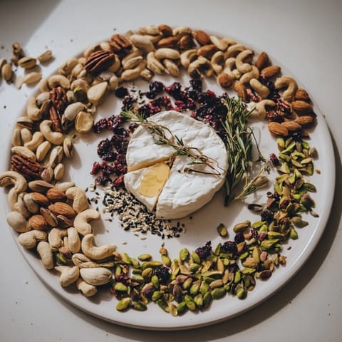 A beautiful, winding The Labyrinth appetizer with colorful nuts and seeds surrounding soft cheese.