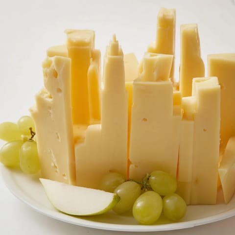 A vibrant Skyline Silhouette cheese board, featuring cheddar, Havarti, and more, ready to serve.
