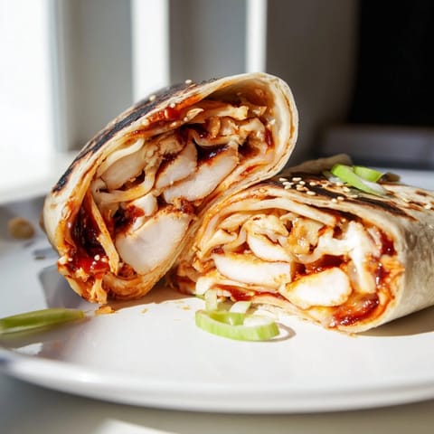Warm and cheesy Korean BBQ Chicken Wrap Grilled Cheese, served with a side of fresh, green scallions.