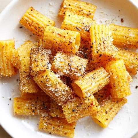A close-up of savory Parmesan pasta chips: golden, bubbling, and ready for enjoying as a snack.