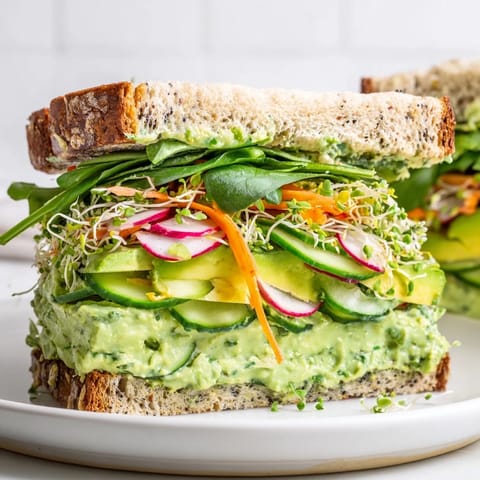 Freshly made Green Goddess Sandwich, piled high with crisp vegetables and a delicious, herby green sauce.