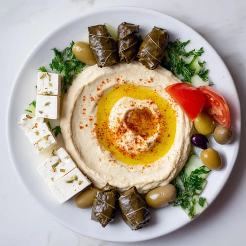This enticing Turkish Meze Platter features bite-sized feta, soft dolmas, and fresh garnishes ready to serve.