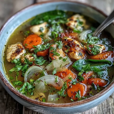 Nourishing Turmeric Chicken Soup, rich with vegetables and zesty lemon garnish.