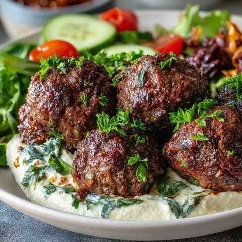 A serving of venison meatballs with spiced salad and hummus, garnished with fresh mint leaves.  