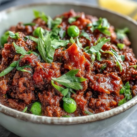 Richly spiced Venison Keema Curry simmering in a skillet, with tender ground meat and peas mingling in a thick, aromatic gravy.