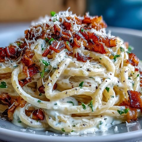 Freshly spiralised celeriac noodles tossed in a creamy egg and Parmesan sauce with crispy pancetta.