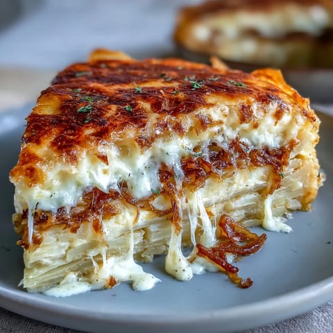 Golden, bubbly Cheese and Potato Pie emerges from the oven with a crisp crust and melted Gruyère topping.