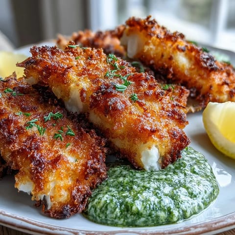 Crispy Parmesan-crusted haddock goujons served with creamy pea pesto and fresh lemon wedges for a bright, savory main dish.