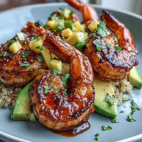 Grilled shrimp and creamy avocado fill a bowl, drizzled with lime chili sauce and topped with fresh mango salsa.