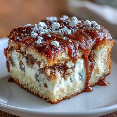 Slices of moist Caramel Cream Cheese Bread reveal a rich cream cheese swirl on a rustic wooden board.