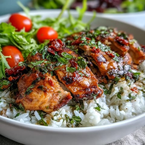 Juicy grilled chicken with vibrant sun-dried tomatoes rests on fluffy rice with fresh salad greens in this Sun-Dried Tomato Chicken Bowl.