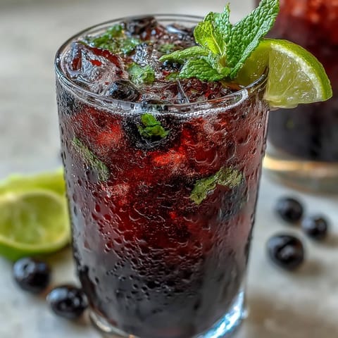 A chilled Black Currant Mojito with fresh mint leaves muddled at the bottom of a sturdy glass.