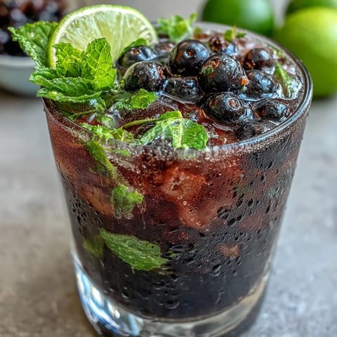 A tall glass of Black Currant Mojito filled with crushed ice, muddled mint, and a vibrant red-purple hue from the fruit jam.