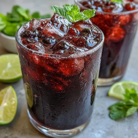 Vibrant Tangy Blackcurrant Mojito cocktail in a highball glass, garnished with fresh mint sprigs and lime slices over ice.