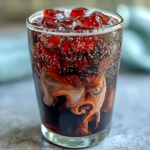 A single Midnight Malibu Dirty Soda garnished with fresh blackberries and a mint sprig on a marble countertop.