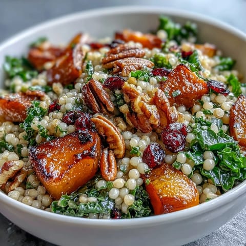 Plated Honey Autumn Pearl Couscous Salad features kale, roasted squash, and cranberries on a rustic wooden board.