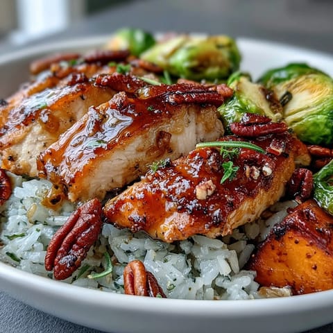 Sliced maple Dijon glazed chicken rests on brown rice with roasted sweet potatoes and Brussels sprouts.