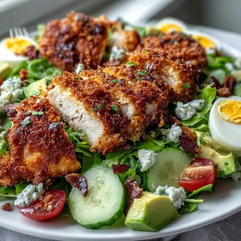 Crunchy Parmesan Crusted Chicken Cobb Salad highlights hard-boiled eggs and blue cheese on a vibrant platter.