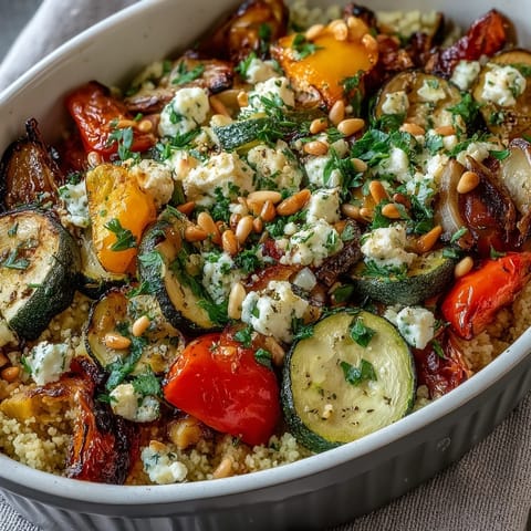 Roasted Veggie & Feta Couscous Bake served warm from the oven with bubbling cheese and caramelized peppers on a rustic table.