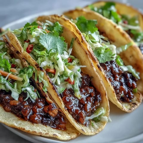 Smoky BBQ lentil filling loaded into corn tortillas with vibrant red and green cabbage slaw.