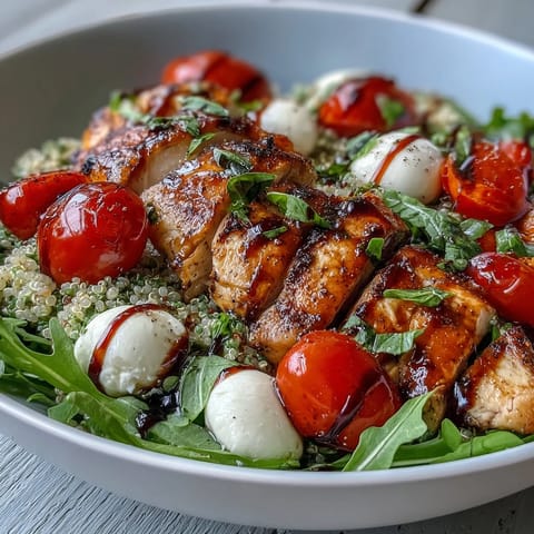 A close-up of Grilled Chicken Caprese Bowls with Balsamic Reduction shows juicy tomatoes and melted cheese with a dark balsamic drizzle.