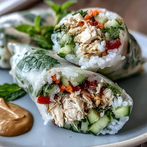 Tender Light Chicken and Veggie Spring Rolls with Peanut Sauce displayed on a bamboo platter with dipping sauce.