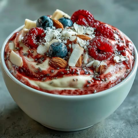 A thick Berry Greek Yogurt Smoothie Bowl with chia seeds, fresh berries, and granola in a chilled ceramic bowl.