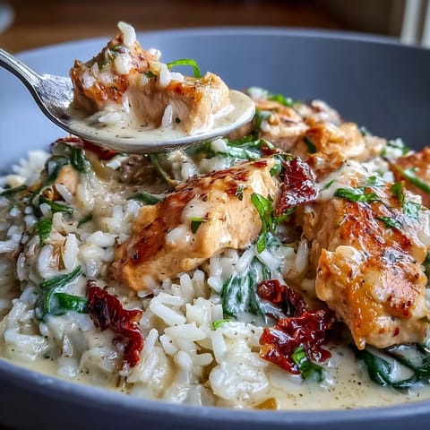 Creamy Tuscan Chicken Rice Skillet with tender chicken, sun-dried tomatoes, spinach, and Parmesan in a rich garlic cream sauce. One-pan Italian comfort food.  