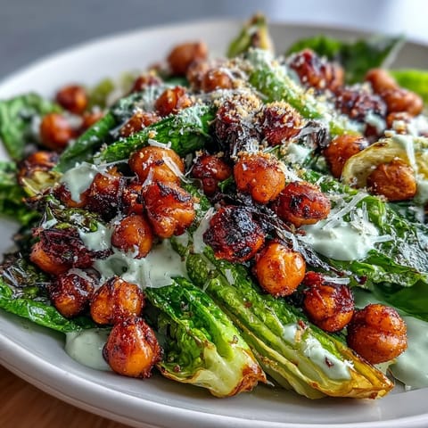 A colorful vegan Caesar salad with crispy roasted chickpeas and creamy cashew dressing, perfect for a plant-based lunch or dinner.  