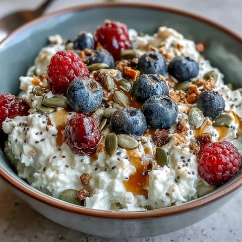Creamy cottage cheese topped with fresh berries and crunchy sunflower and pumpkin seeds for a quick, protein-rich snack.