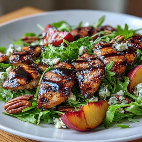 A vibrant summer salad featuring tender grilled chicken, caramelized peach slices, and a tangy balsamic reduction drizzle for extra flavor.  