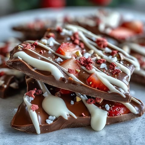 Decadent dark and white chocolate bark swirled with freeze-dried strawberries and Valentine-themed sprinkles for a stunning dessert.