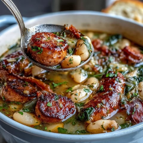 Creamy cannellini beans and savory Italian sausage simmer in fragrant broth for a cozy meal.  