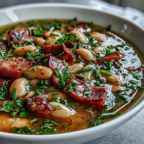 A comforting Southern-style ham and butter bean soup, garnished with parsley and chives for a fresh finish.  