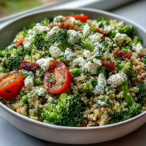 A colorful vegetarian grain bowl with quinoa, broccoli, peas, and feta, drizzled with lemon-Dijon dressing for a fresh, tangy flavor.