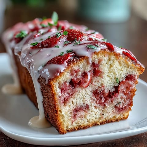 Strawberry swirl pound cake loaf with glaze, a tender vanilla cake marbled with vibrant homemade strawberry puree and topped with a glossy vanilla glaze.