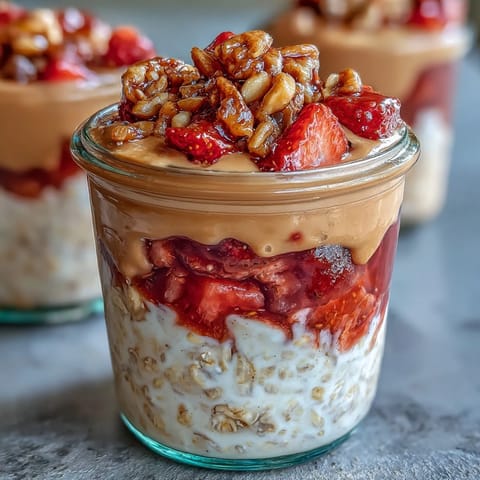 Creamy overnight oats with strawberry jam, peanut butter, and crunchy peanuts for a nostalgic PB&J breakfast twist.