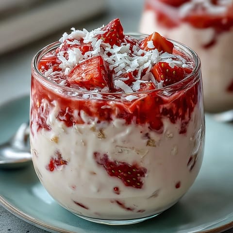 Strawberry Coconut Cream Overnight Oats in a jar with vibrant red strawberries and creamy coconut yogurt topping, perfect for a refreshing breakfast.