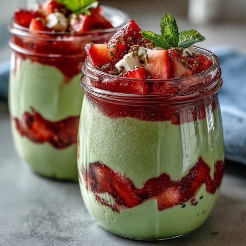 Vibrant strawberry matcha latte overnight oats in mason jars with creamy layers of oats, matcha, and fresh strawberries.  