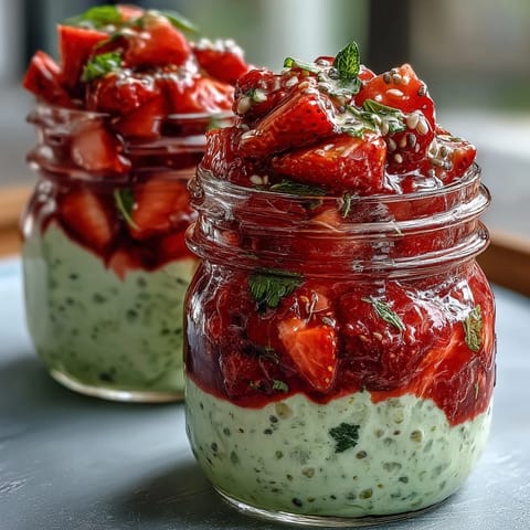 Layered breakfast jars filled with earthy matcha, sweet strawberries, and wholesome oats for a refreshing morning treat.  