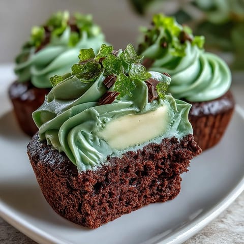 Moist green velvet cupcakes with rich cocoa flavor, topped with swirls of creamy vanilla frosting and festive green sprinkles.  