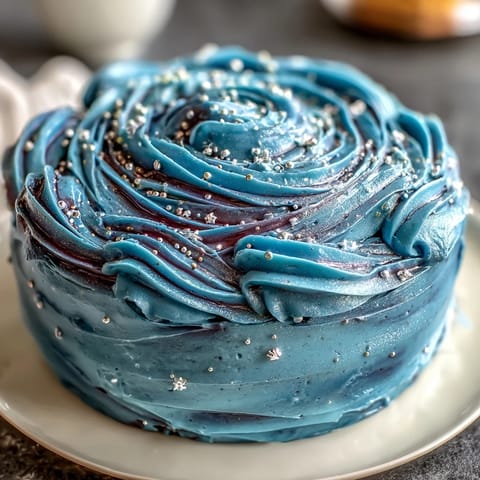 A celestial Pisces-inspired galaxy cake with shimmering edible glitter and vibrant blue-purple buttercream swirls.  