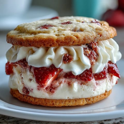 Strawberry Shortcake Cookies with Cream Filling: Buttery cookies filled with juicy strawberries and rich vanilla cream, creating a nostalgic dessert treat.  